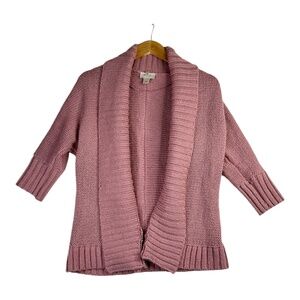 LOFT Pink Knit Open Front 3/4‎ Sleeve Cardigan Sweater Size Small Petite